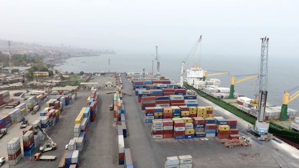 The container yard looking out to the harbor